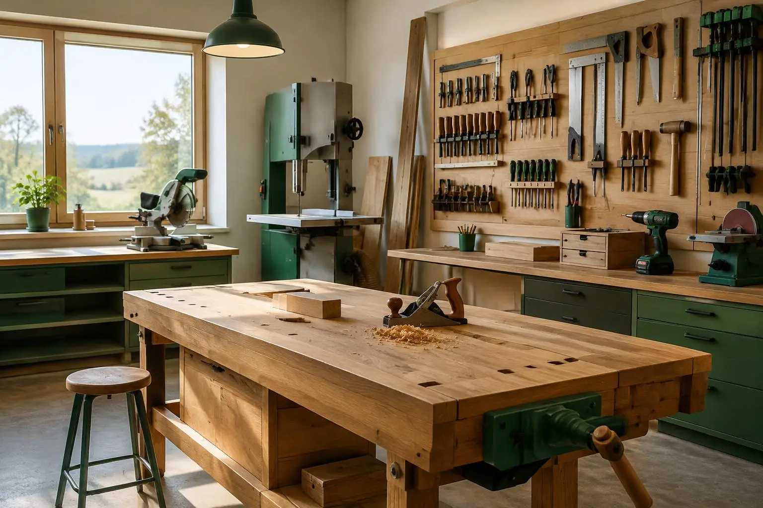 Aufgeräumte Werkstatt mit Werkzeug und Maschinen